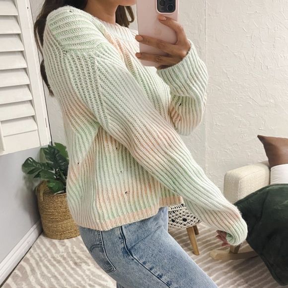 La Ligne Ribbed Space Dye Crew Pullover Sweater Cream Peach Seafoam Size Large - Picture 2 of 16